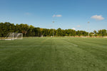 Well-maintained soccer field with goalposts and field markings, showcasing the ideal results of Lifetyme Pro Turf Athletic Kwik Green grass seed