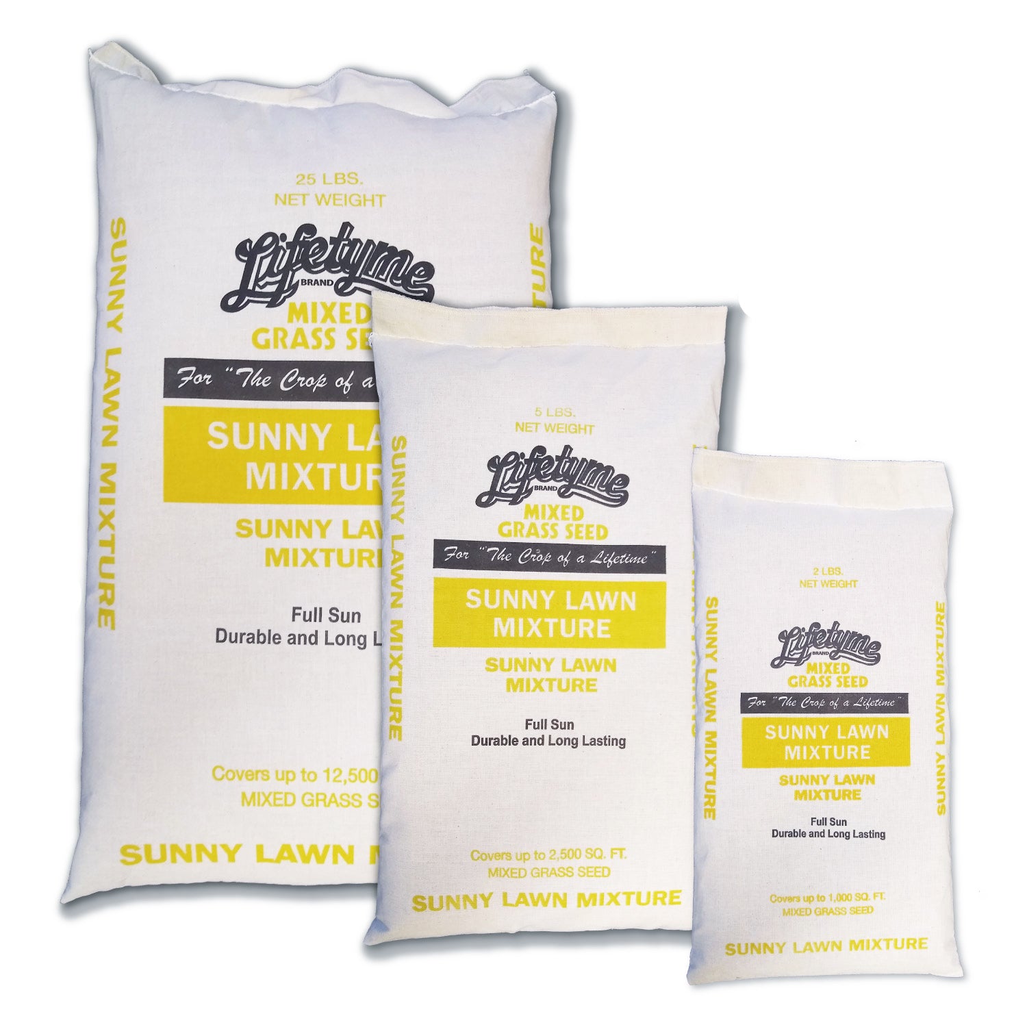 Lifetyme Sunny Lawn Mixture grass seed bags in three sizes, full sun durable and long lasting mix covering up to 12,500 sq ft