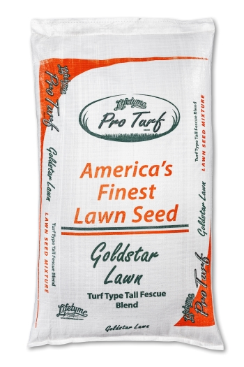 Lifetyme Pro Turf Goldstar Lawn Tall Fescue blend bag, four elite fescue varieties for high-traffic parks, school grounds, and low-mow lawns