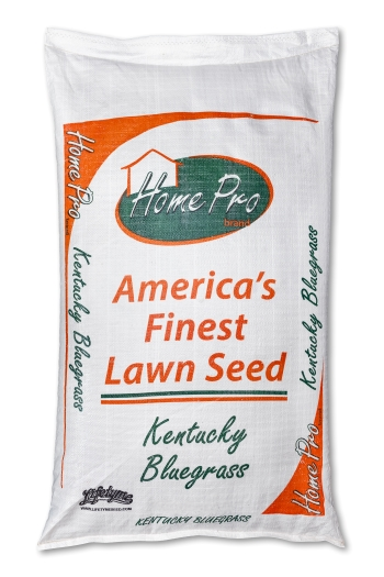 Lifetyme Home Pro Kentucky Bluegrass seed bag, a self-repairing cold-tolerant grass seed for overseeding thin lawns and long-term turf density