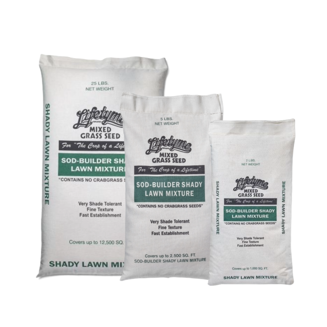 Lifetyme Sod-Builder Shady Lawn Mixture in three sizes, very shade tolerant fine texture grass seed covering up to 12,500 sq ft