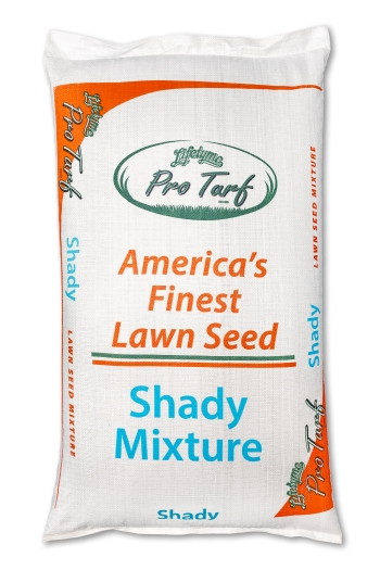 Lifetyme Pro Turf Shady Mixture bag, a fine-bladed shade grass seed blend for low-light lawns, commercial landscapes, and shaded residential areas