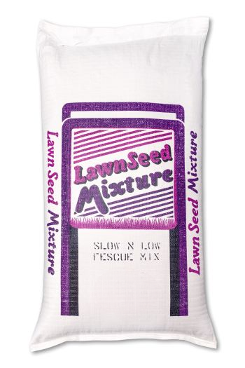 Lifetyme Slow N Low Fescue Mix bag, a dark green low-maintenance grass seed blend for shady lawns, low-mow areas, and mound septic fields