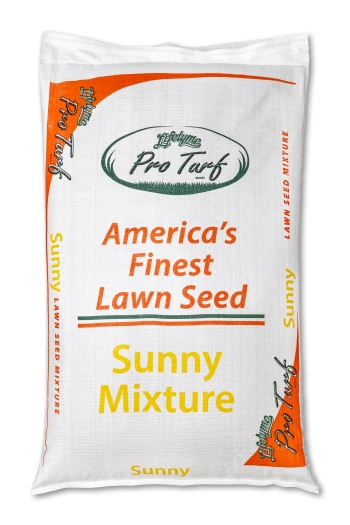 Lifetyme Pro Turf Sunny Mixture bag, a Kentucky Bluegrass and Perennial Rye blend for fast germination and disease resistance in full sun lawns